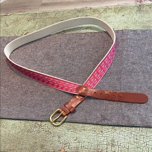 Leather Man LTD Woven Ribbon Belt Red & Blue Geometric Pattern Sz44 Brass Buckle
